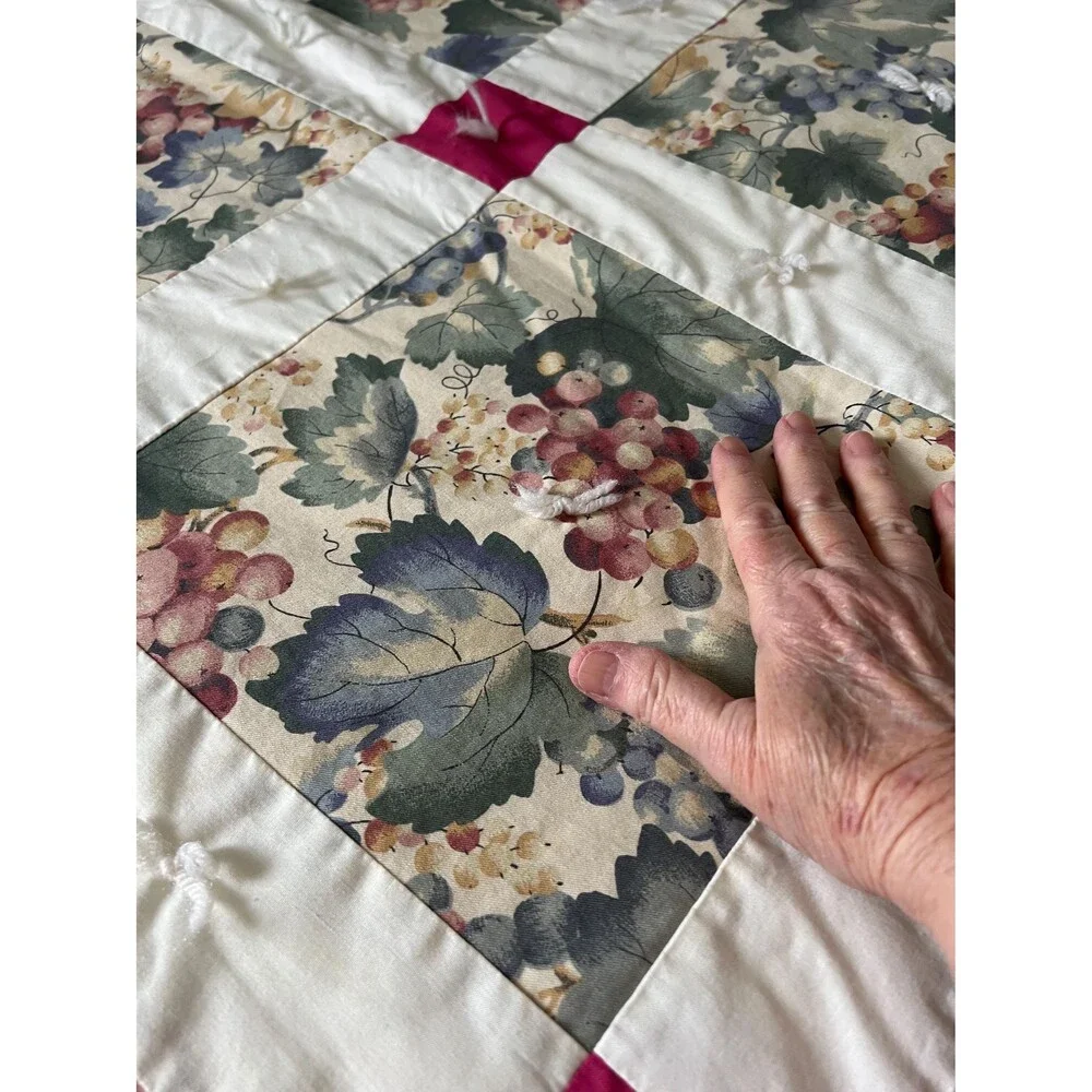 Hand Tied Nine Patch Quilt: Leaf & Grapevine Pattern, Fleece Back